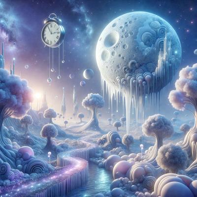 The primary subject of the image is a clock, which is hanging in the sky. The setting is a surreal, fantasy world with a purple path and a moon in the background. The visual style is digital art, and the colors and mood are predominantly purple and whimsical.